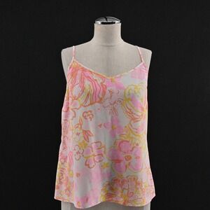 Lilly Pulitzer Zoe Happiness Silk Top Womens Size S Pink Floral Cami Tank V-Neck